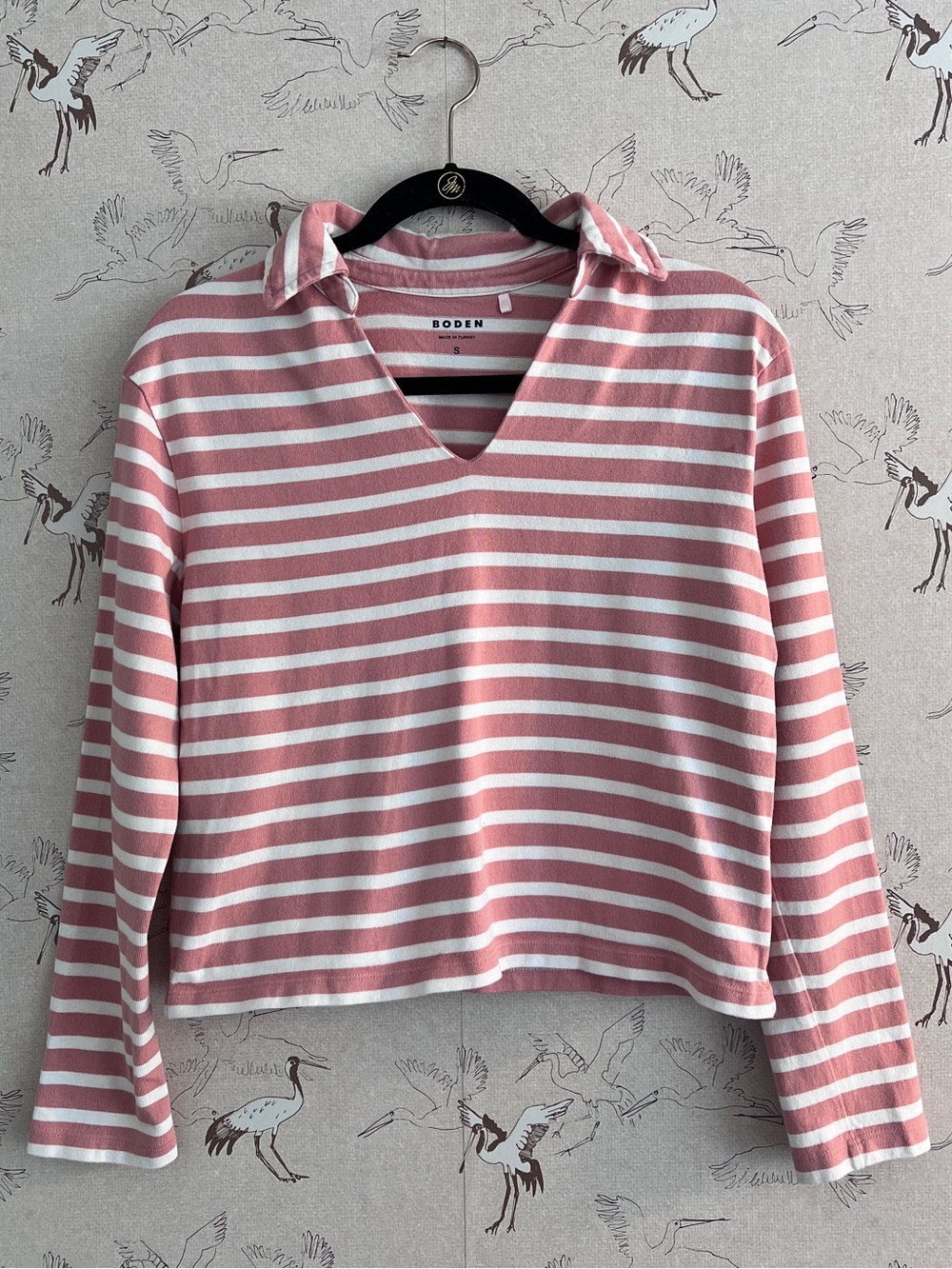Boden pink and white striped polo shirt